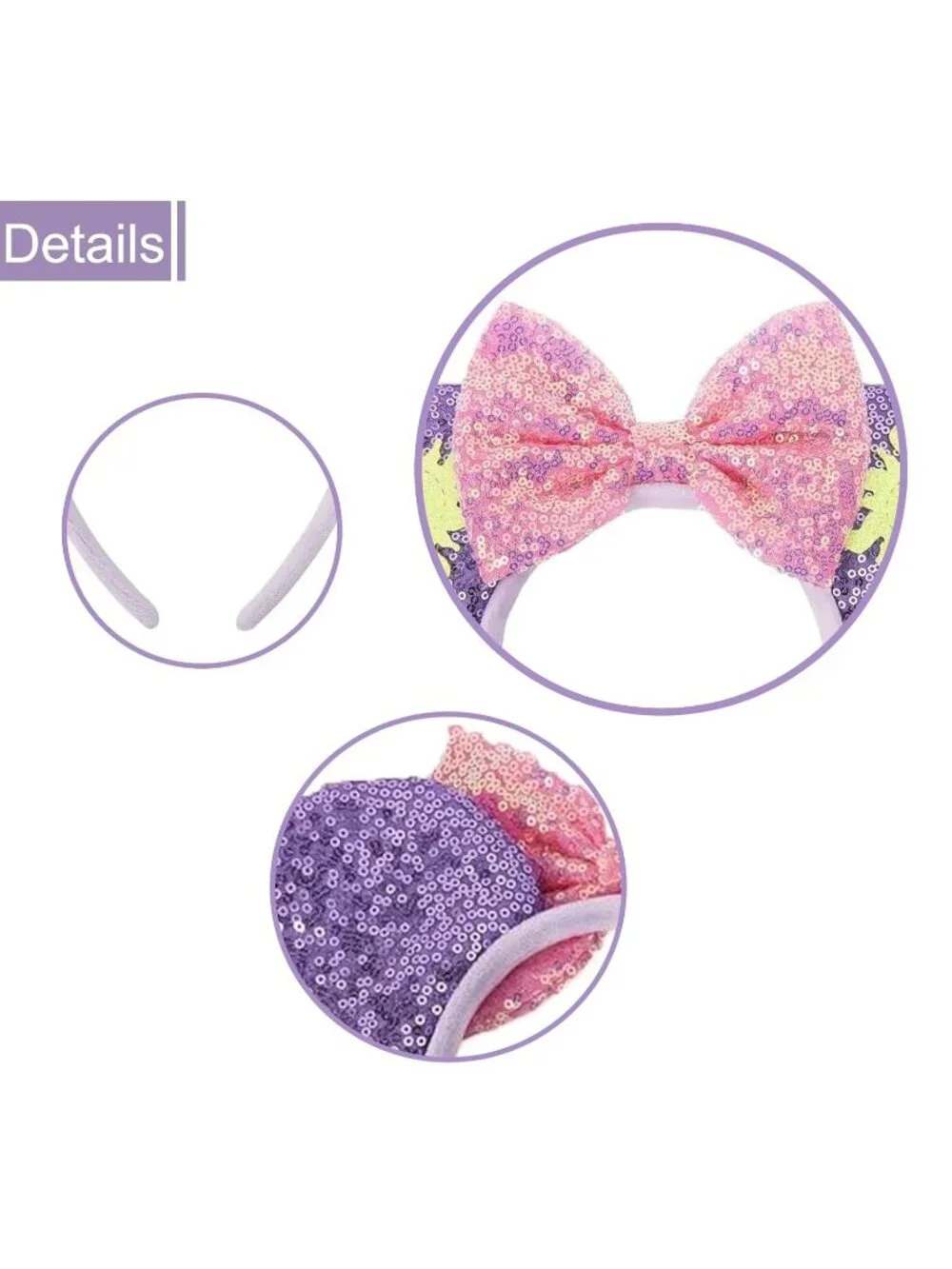 Women Purple Sequin Polyester Shiny Bows Mickey Mouse Headband